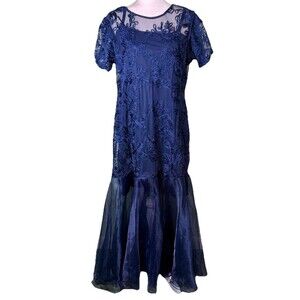 Womens Navy Embroidered Tulle Lace Formal Maxi Dress Keyhole Back Mermaid Hem 16